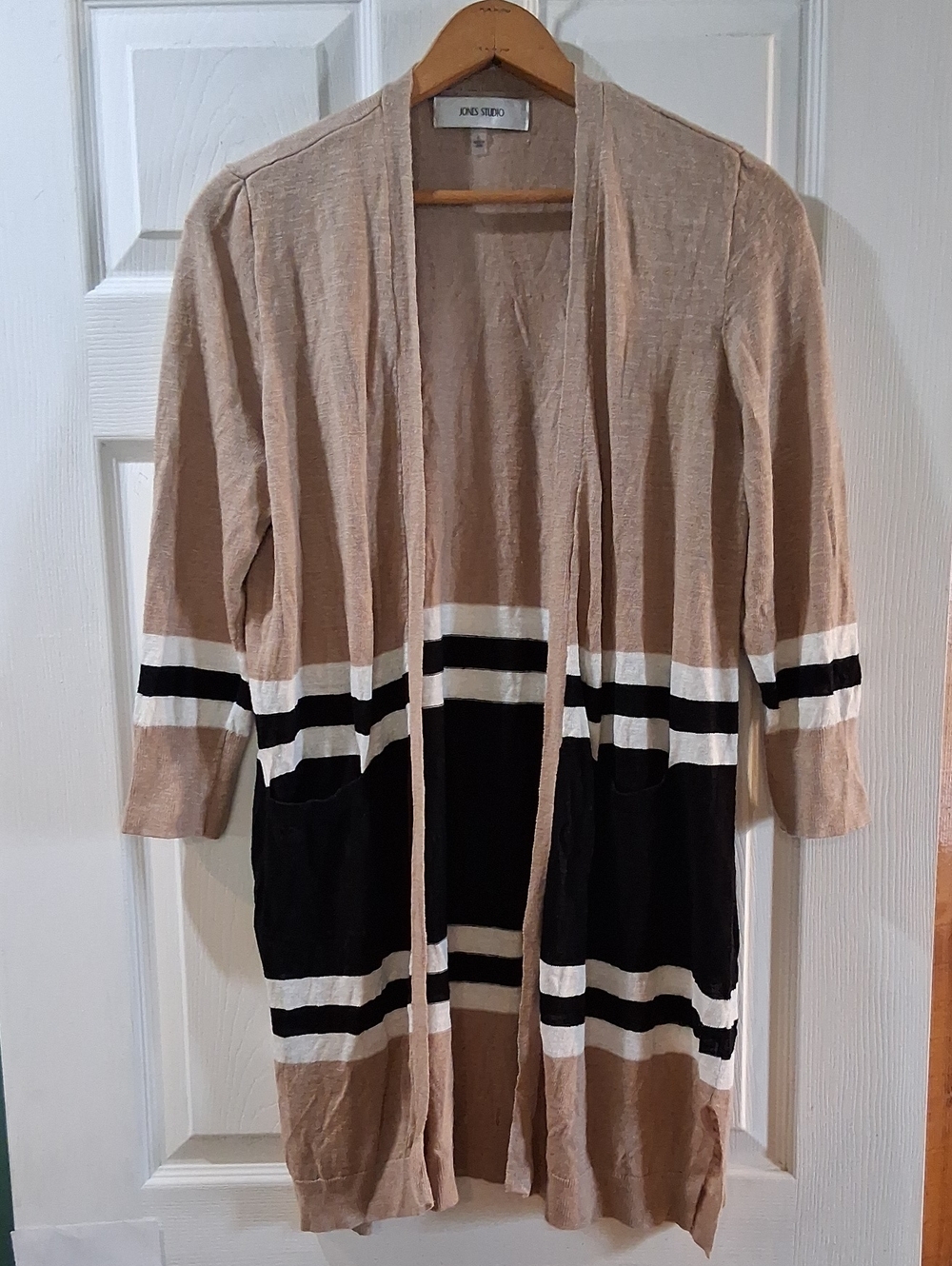 Jones Studio Beige Black & White Striped Open-Front Long Cardigan 3/4 Sleeve